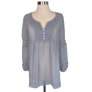 Daniel Rainn Gray Crochet Floral Lace Swiss Dot SemiSheer Peasant Blouse Top M